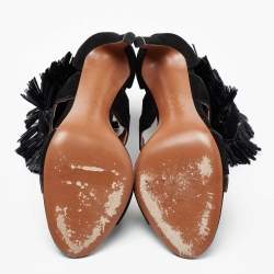 Pre Owned Alaia Black Suede And Raffia Ruffle Ankle Cuff Sandals Size 38