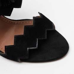 Pre Owned Alaia Black Suede And Raffia Ruffle Ankle Cuff Sandals Size 38