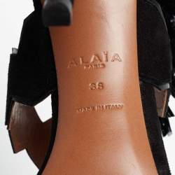Pre Owned Alaia Black Suede And Raffia Ruffle Ankle Cuff Sandals Size 38