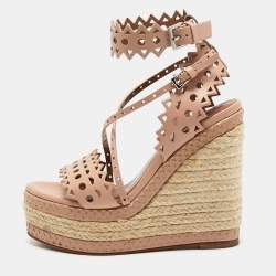 Alaia Beige Laser-Cut Leather Ankle-Strap Espadrille Sandals Size 35