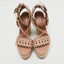 Alaia Beige Laser-Cut Leather Ankle-Strap Espadrille Sandals Size 35