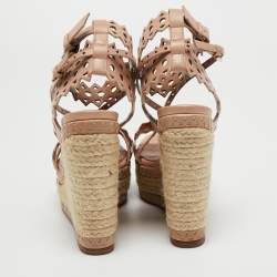 Alaia Beige Laser-Cut Leather Ankle-Strap Espadrille Sandals Size 35