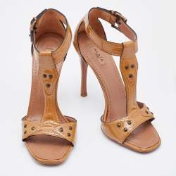 Alaia Caramel Patent Leather T Strap Sandals Size 37