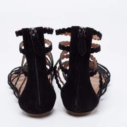 Pre Owned Alaia Black Suede Strappy Flat Sandals Size 37.5