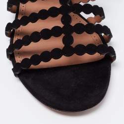 Pre Owned Alaia Black Suede Strappy Flat Sandals Size 37.5