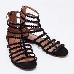 Pre Owned Alaia Black Suede Strappy Flat Sandals Size 37.5