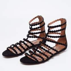 Pre Owned Alaia Black Suede Strappy Flat Sandals Size 37.5