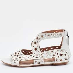 Alaia White Leather Embellished Flat Sandals Size 36