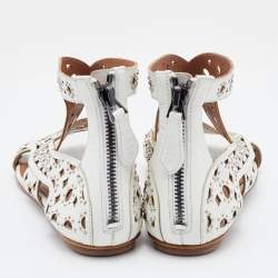 Alaia White Leather Embellished Flat Sandals Size 36
