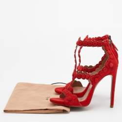 Pre Owned Alaia Red Laser Cut Suede Daisy Sandals Size 36