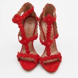 Pre Owned Alaia Red Laser Cut Suede Daisy Sandals Size 36