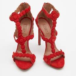 Pre Owned Alaia Red Laser Cut Suede Daisy Sandals Size 36