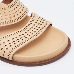 Alaia Beige Perforated Leather Flat Slides Size 36.5