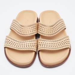 Alaia Beige Perforated Leather Flat Slides Size 36.5