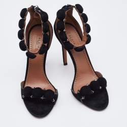 Pre Owned Alaia Black Suede Leather Chamois Bombe Ankle Cuff Sandals Size 36.5