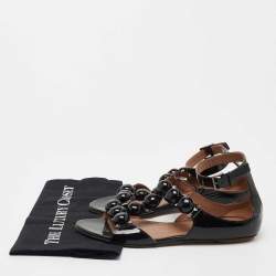 Pre Owned Alaia Black Patent Leather Bombe Flat Ankle Strap Sandals Size 38