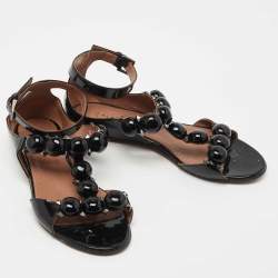 Pre Owned Alaia Black Patent Leather Bombe Flat Ankle Strap Sandals Size 38