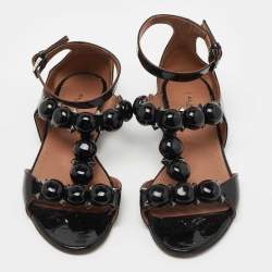 Pre Owned Alaia Black Patent Leather Bombe Flat Ankle Strap Sandals Size 38