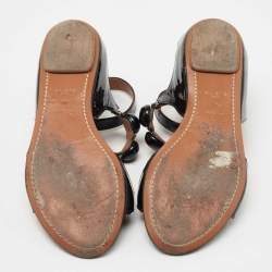 Pre Owned Alaia Black Patent Leather Bombe Flat Ankle Strap Sandals Size 38