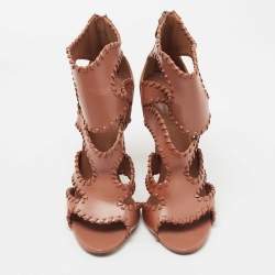 Pre Owned Alaia Brown Leather Whipstitch Trim Cut Out Sandals Size 38