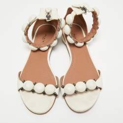 Pre Owned Alaia White Leather Bombe Flat Ankle Strap Sandals Size 38