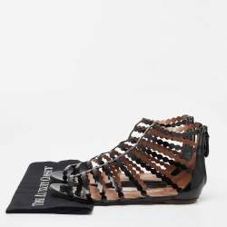 Pre Owned Alaïa Black Patent Leather Cage Flat Sandals Size 39.5