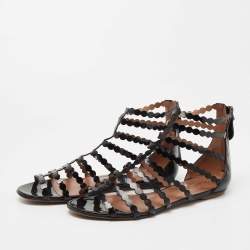 Pre Owned Alaïa Black Patent Leather Cage Flat Sandals Size 39.5