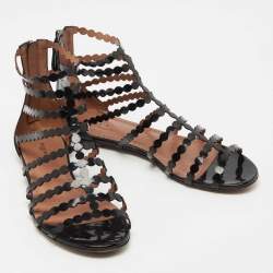 Pre Owned Alaïa Black Patent Leather Cage Flat Sandals Size 39.5