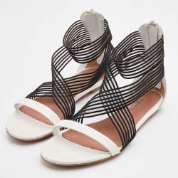 Alaia White/Black Leather and Stretch Fabric Ankle Strap Flats Size 37.5