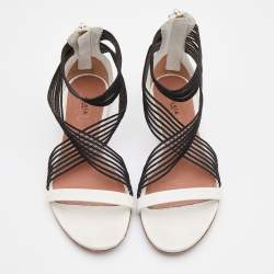 Alaia White/Black Leather and Stretch Fabric Ankle Strap Flats Size 37.5
