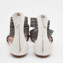 Alaia White/Black Leather and Stretch Fabric Ankle Strap Flats Size 37.5
