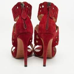 Pre Owned Alaia Burgundy Suede Laser Cut Out Ankle Cuff Sandals Size 36