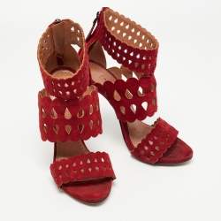 Pre Owned Alaia Burgundy Suede Laser Cut Out Ankle Cuff Sandals Size 36