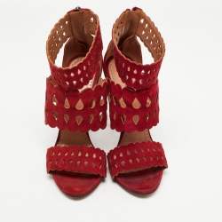 Pre Owned Alaia Burgundy Suede Laser Cut Out Ankle Cuff Sandals Size 36