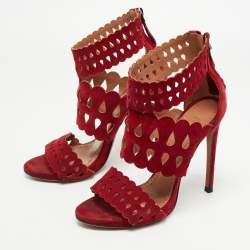 Pre Owned Alaia Burgundy Suede Laser Cut Out Ankle Cuff Sandals Size 36