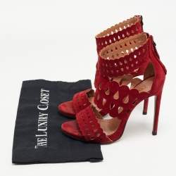 Pre Owned Alaia Burgundy Suede Laser Cut Out Ankle Cuff Sandals Size 36