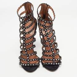Pre Owned Alaia Black Suede  Mirror Embellished Strappy Caged Sandals Size 38.5