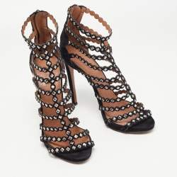 Pre Owned Alaia Black Suede  Mirror Embellished Strappy Caged Sandals Size 38.5