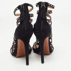 Pre Owned Alaia Black Suede  Mirror Embellished Strappy Caged Sandals Size 38.5