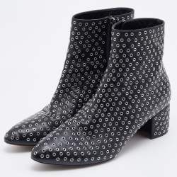 Pre Owned Alaia Black Leather Eyelet Zip Booties Size 39.5
