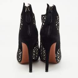 Pre Owned Alaia Black/White Floral Cut Out Suede Booties Size 38.5