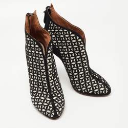 Pre Owned Alaia Black/White Floral Cut Out Suede Booties Size 38.5
