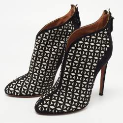 Pre Owned Alaia Black/White Floral Cut Out Suede Booties Size 38.5