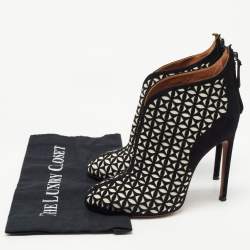 Pre Owned Alaia Black/White Floral Cut Out Suede Booties Size 38.5