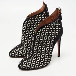 Pre Owned Alaia Black/White Suede Floral Cut Out Ankle Boots Size 37.5
