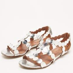 Pre Owned Alaia Silver Leather Ankle Strap Flat Sandals Size 38