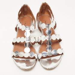 Pre Owned Alaia Silver Leather Ankle Strap Flat Sandals Size 38