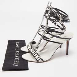 Pre Owned Alaia White/Black Laser Cut Patent Leather Strappy Sandals Size 38.5 