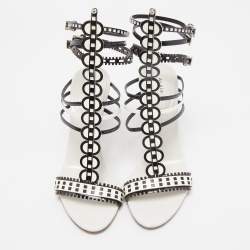 Pre Owned Alaia White/Black Laser Cut Patent Leather Strappy Sandals Size 38.5 