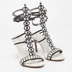 Pre Owned Alaia White/Black Laser Cut Patent Leather Strappy Sandals Size 38.5 